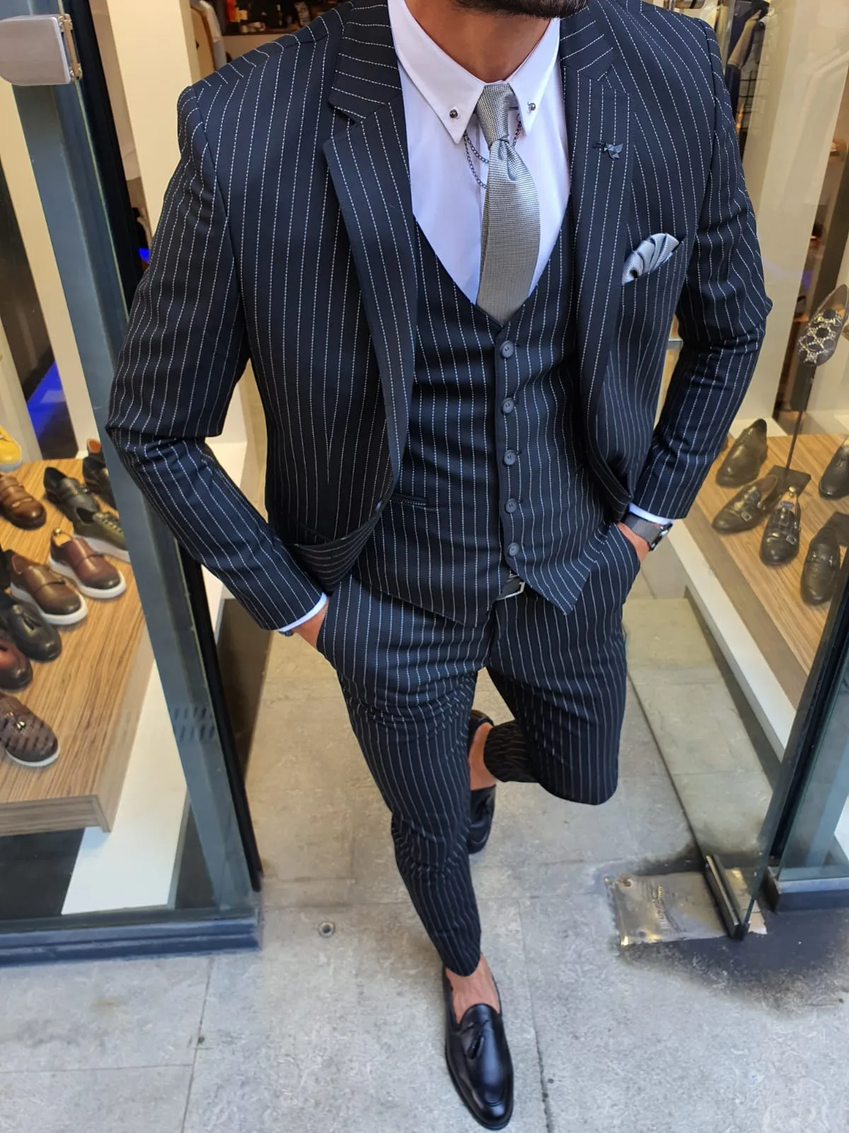 Buy Black Slim Fit Pinstripe Suit by GentWith.com with Free Shipping