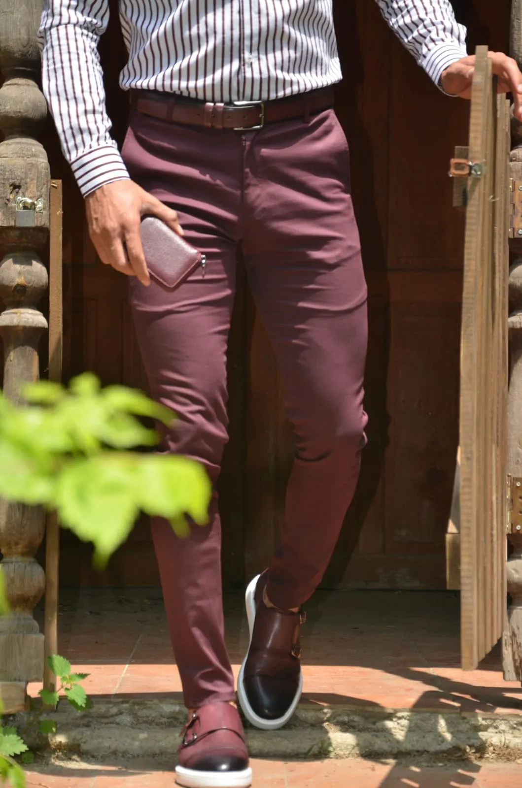 Buy Burgundy Slim Fit Pants by GentWith with Free Shipping