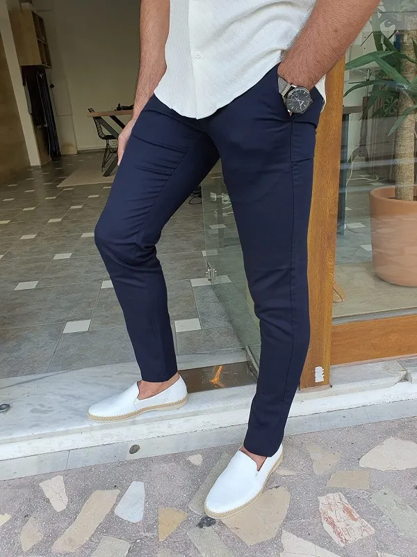 Buy Dark Blue Slim Fit Cotton Pants by GentWith | Worldwide Shipping