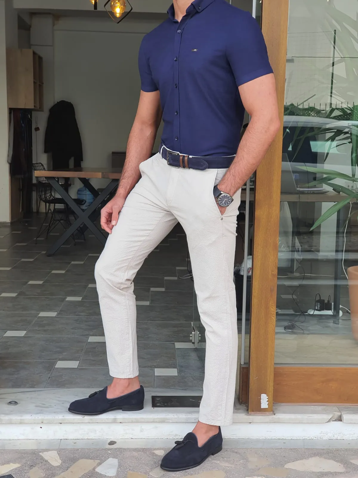 Buy Navy Blue Slim Fit Short Sleeve Shirt by GentWith.com