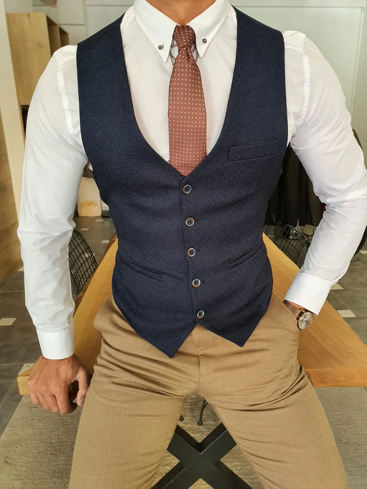 Buy Navy Blue Slim Fit Vest by GentWith | Worldwide Shipping