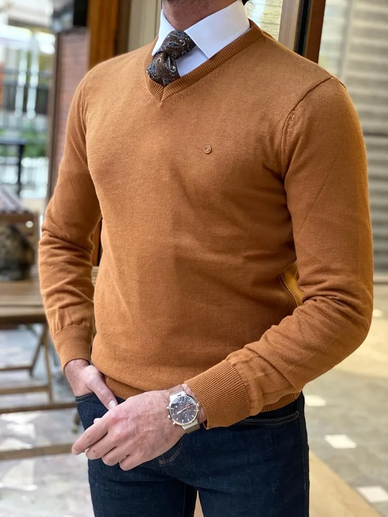 Camel Slim Fit V-Neck Sweater for Men by GentWith.com