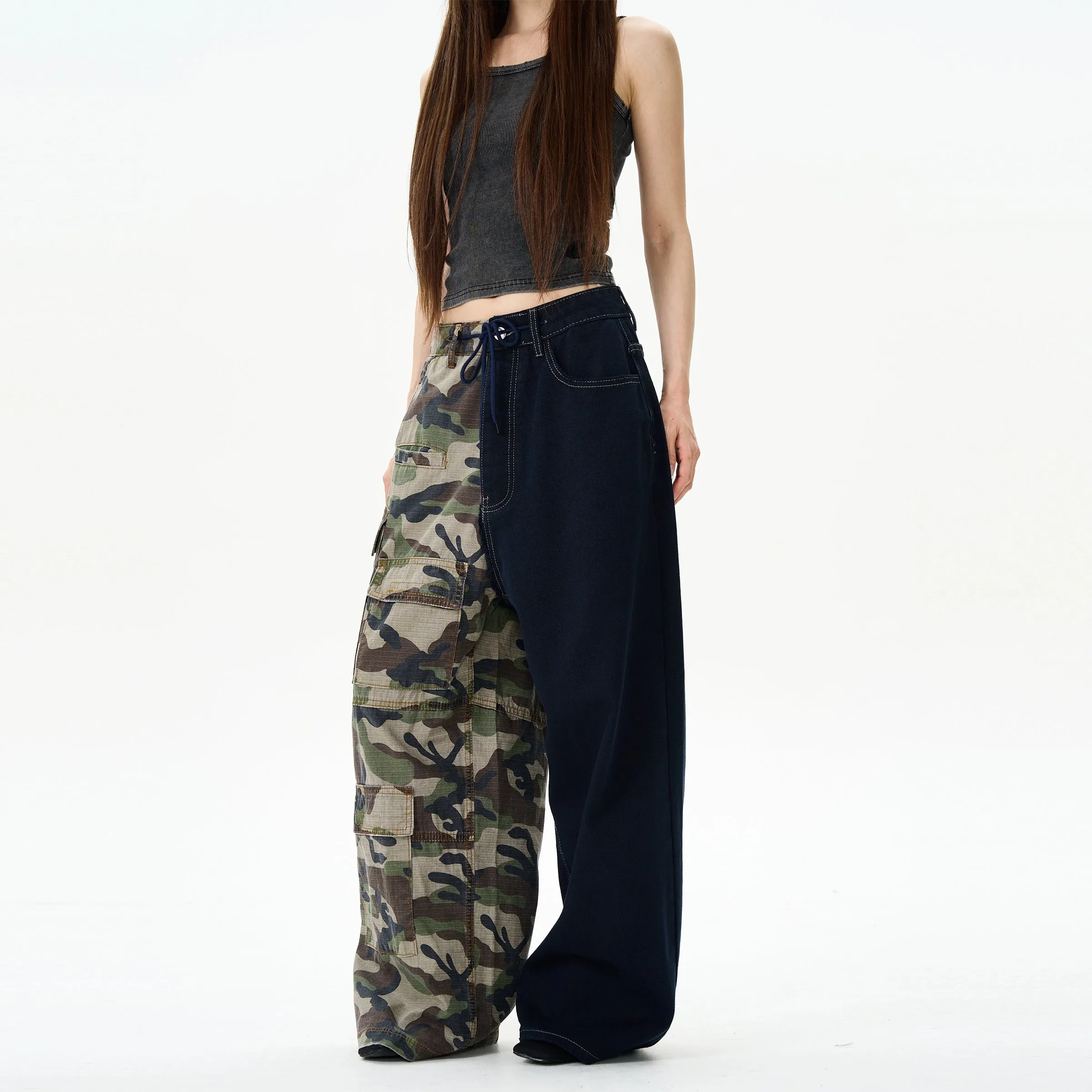 Camouflage Splicing Wide-Leg Cargo Pants