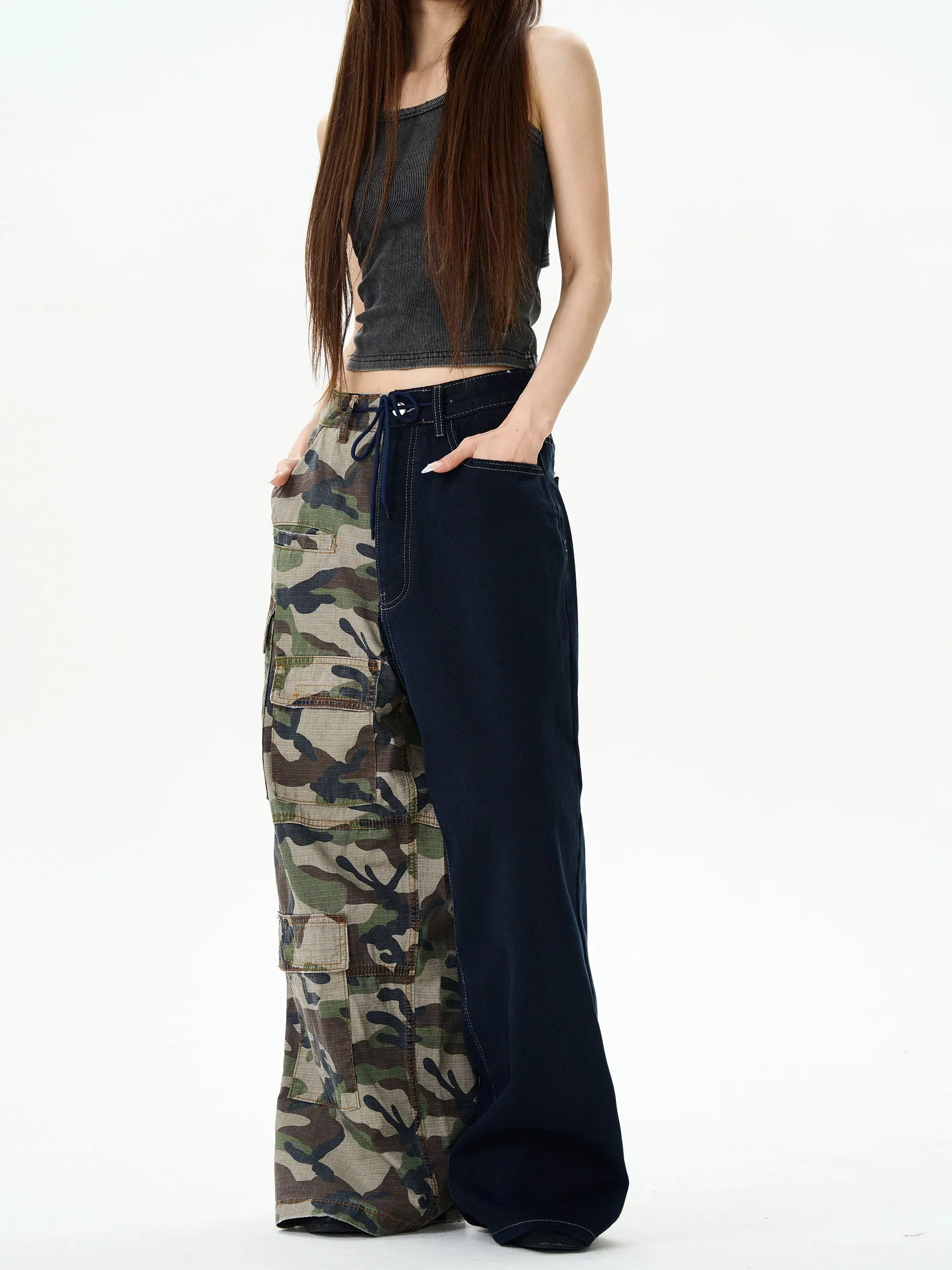 Camouflage Splicing Wide-Leg Cargo Pants