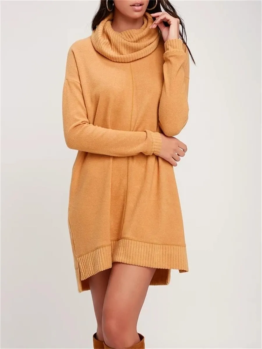 Casual All-Match High-Neck Slit Women'S Knitted Dress