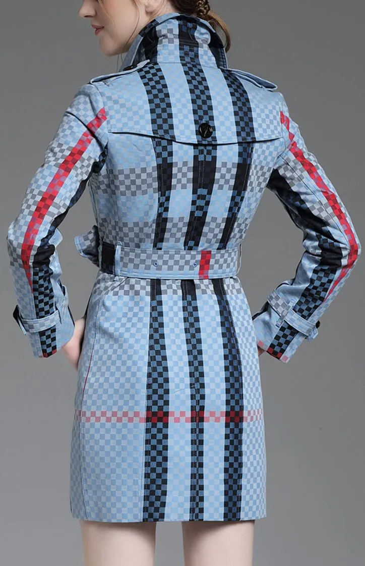 Checkered Check Print Short Trench Coat, Light Blue