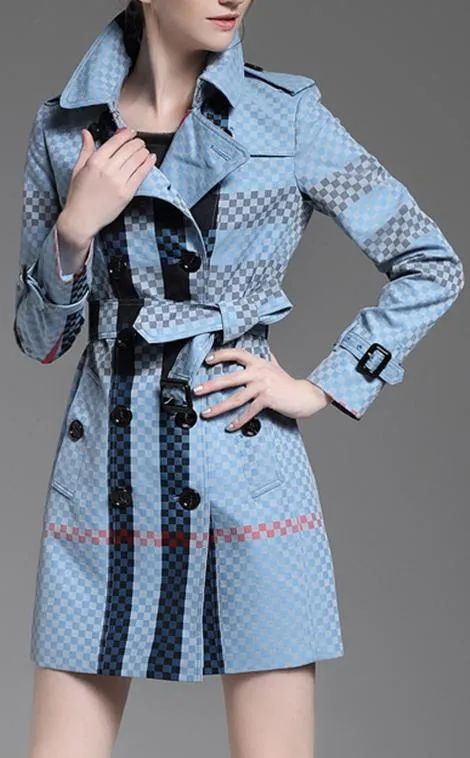 Checkered Check Print Short Trench Coat, Light Blue