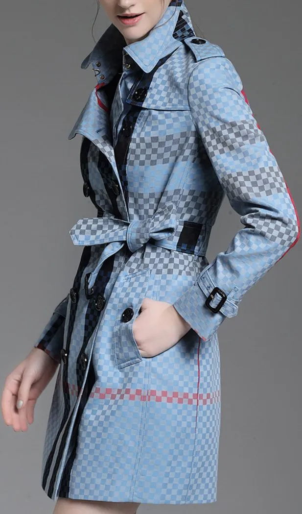 Checkered Check Print Short Trench Coat, Light Blue