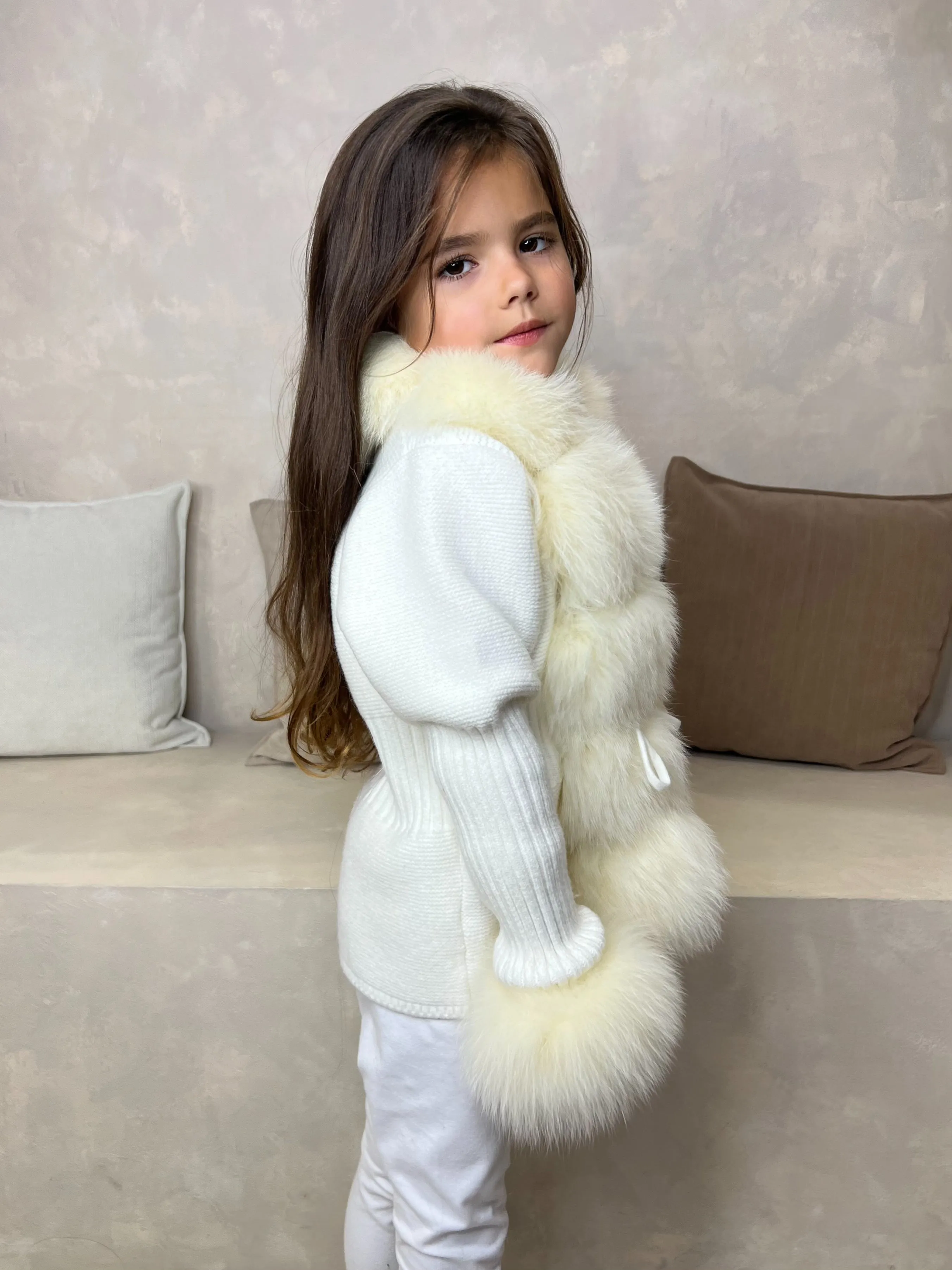 Childrens Cream Luxury Fur Cardigan