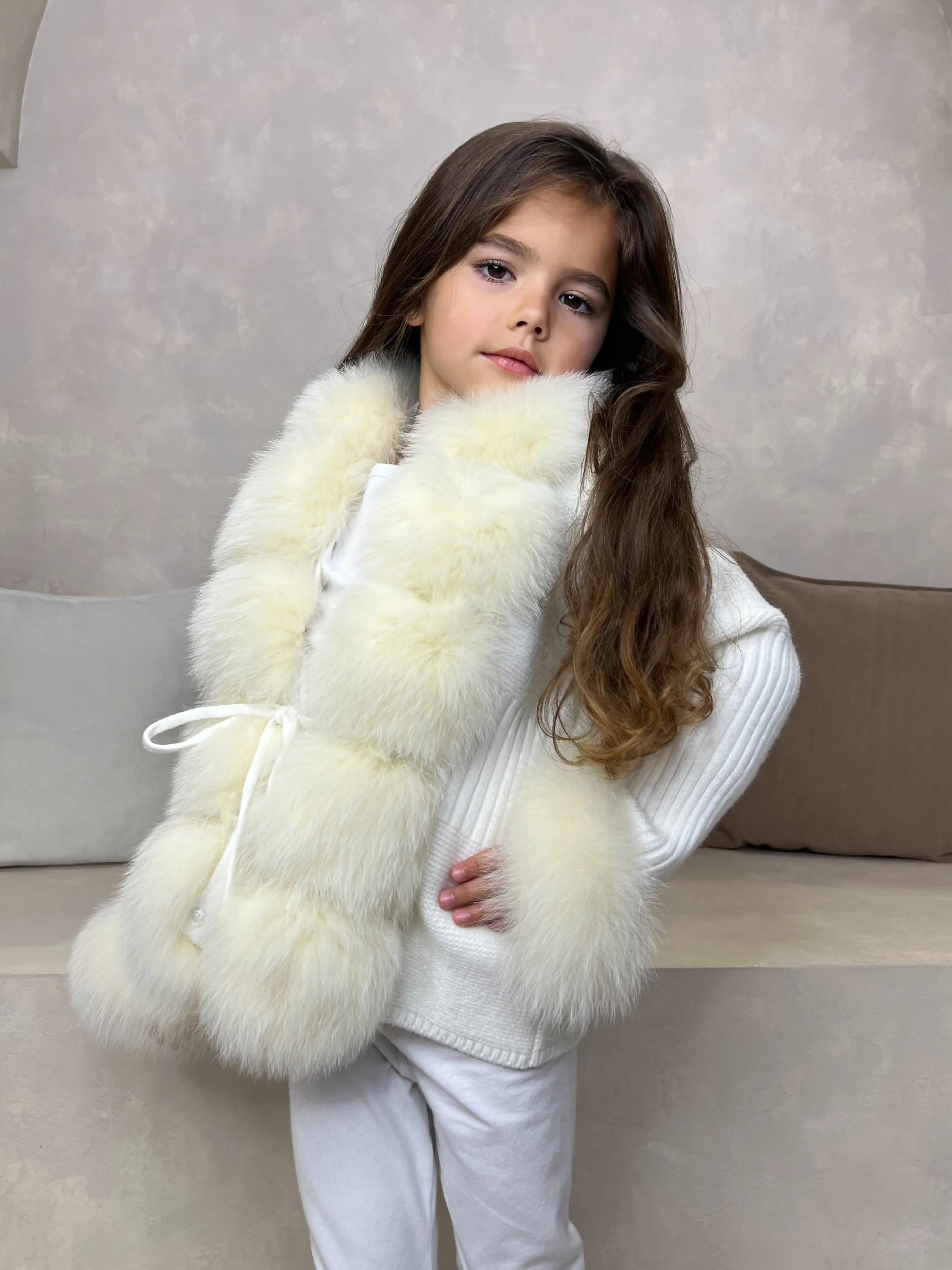 Childrens Cream Luxury Fur Cardigan