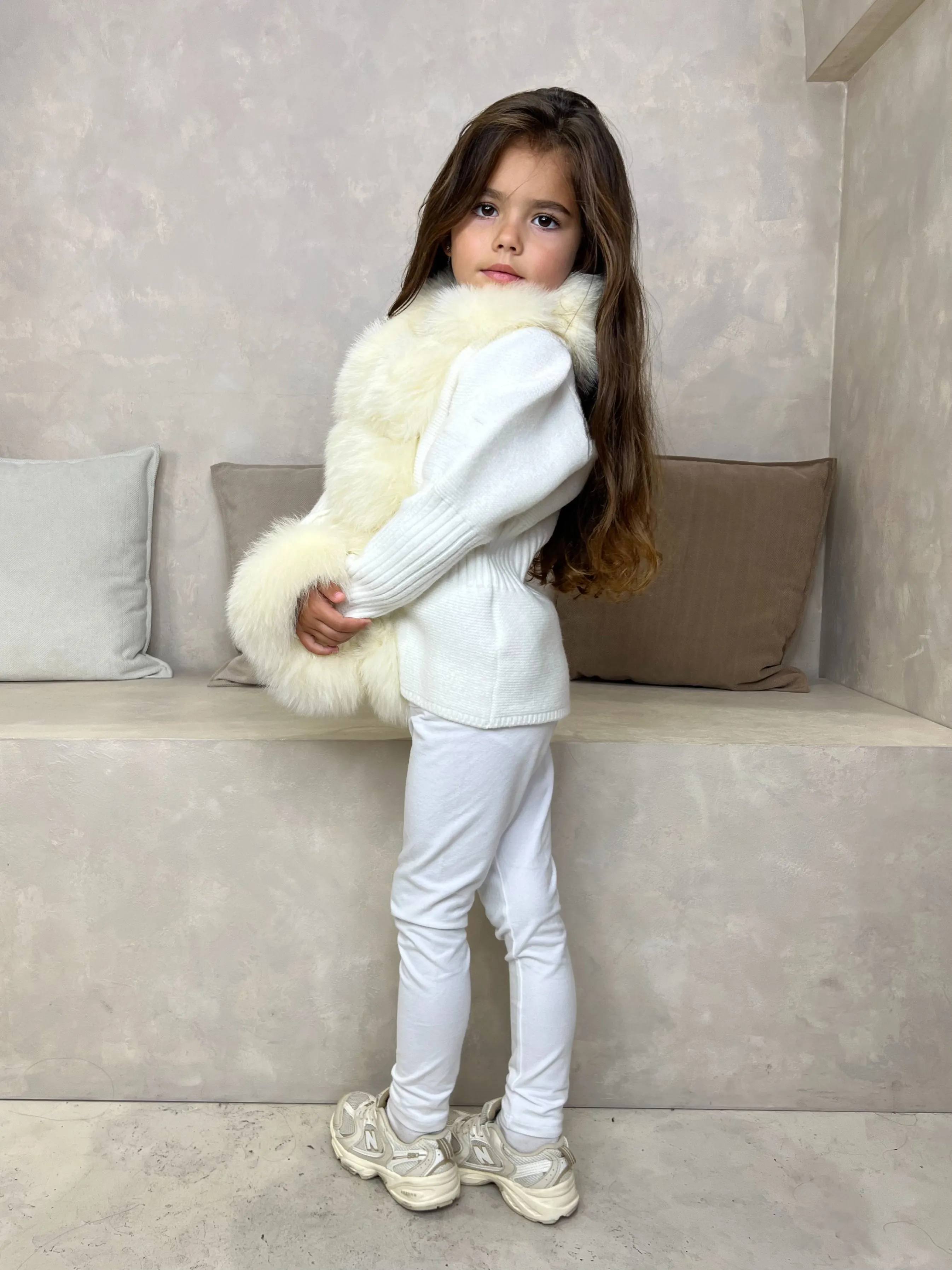 Childrens Cream Luxury Fur Cardigan