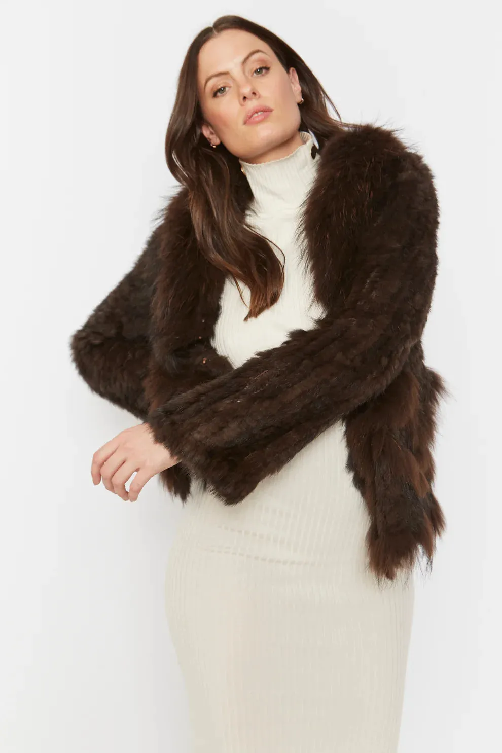 Chocolate Scalloped Coney Fur Jacket With Fox Fur Collar