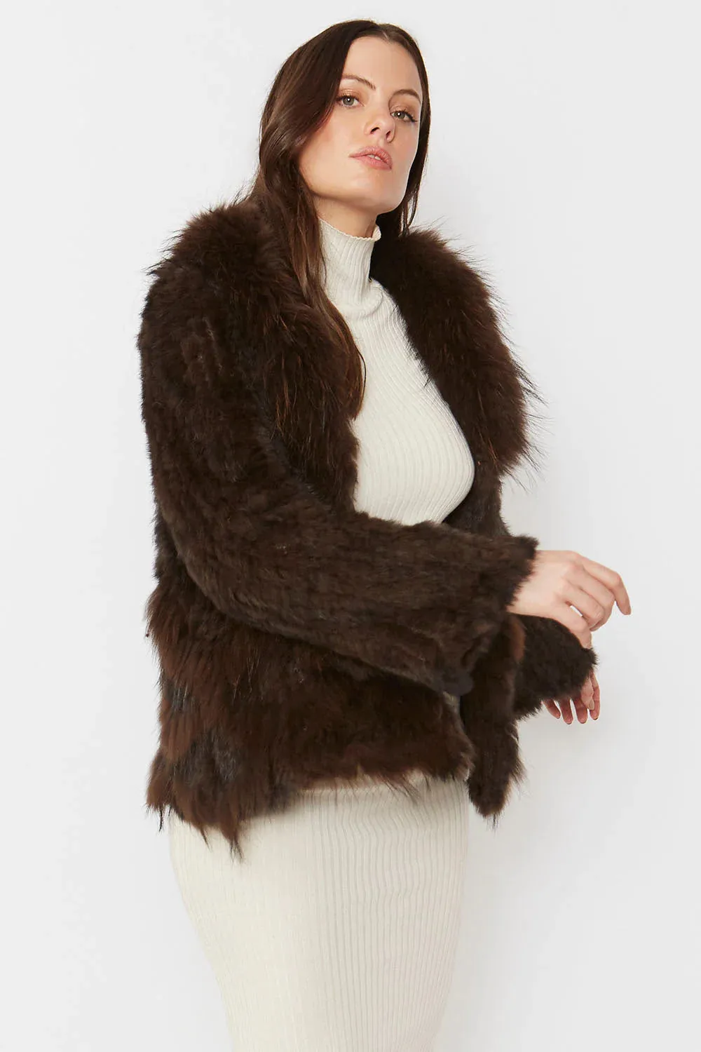 Chocolate Scalloped Coney Fur Jacket With Fox Fur Collar