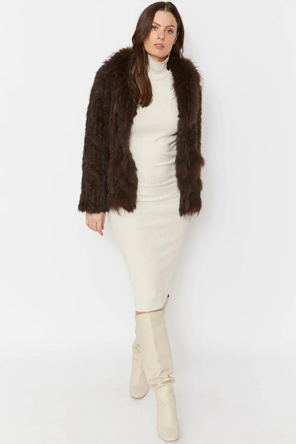 Chocolate Scalloped Coney Fur Jacket With Fox Fur Collar