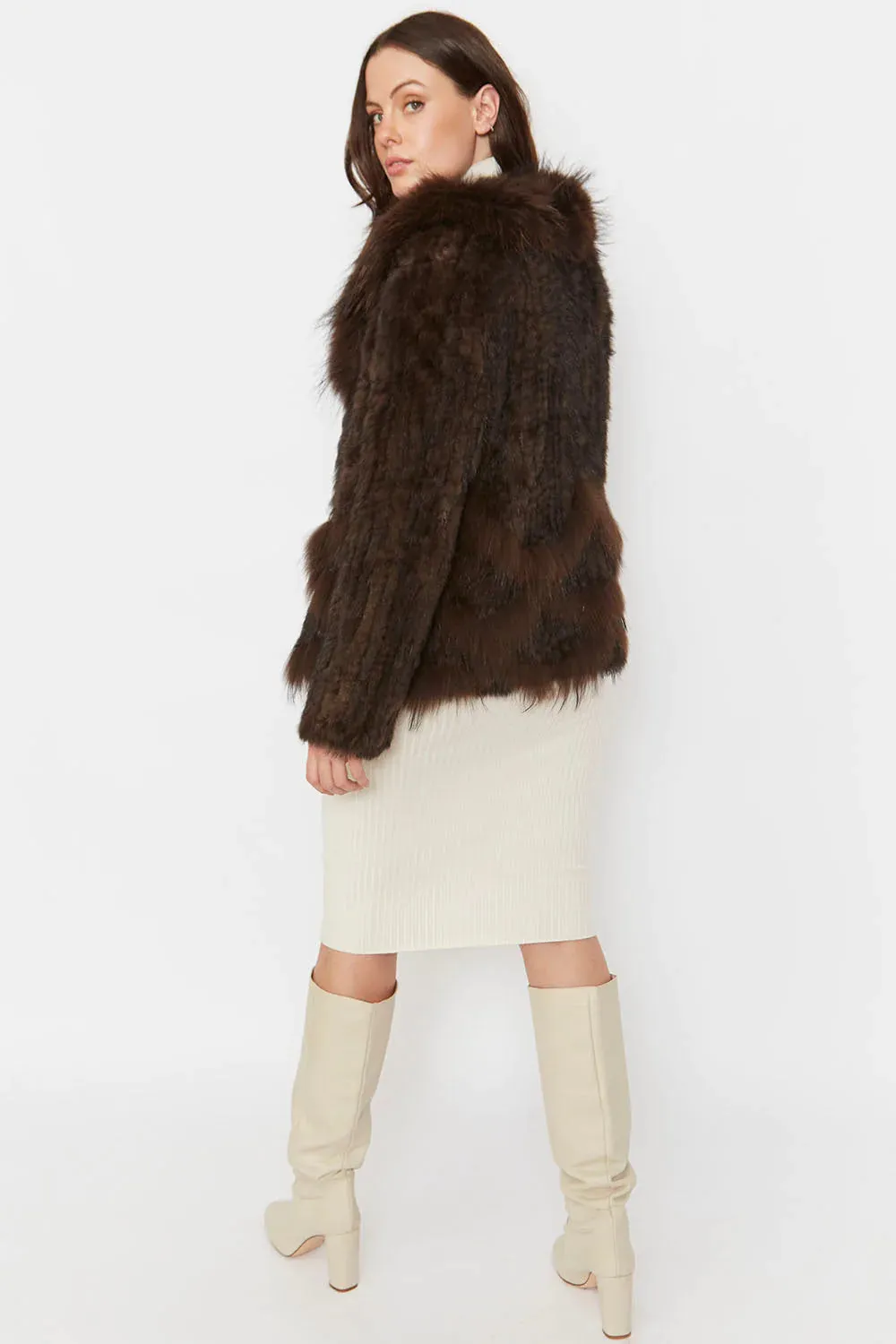 Chocolate Scalloped Coney Fur Jacket With Fox Fur Collar