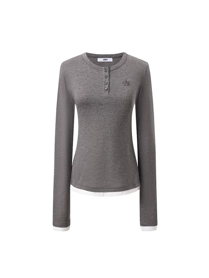 Classic Heather Gray Long Sleeve Henley Top: Fitted Women's Casual Knit Shirt with Button Placket