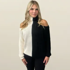 Color Block Mock Neck with Cold Shoulder Sweater