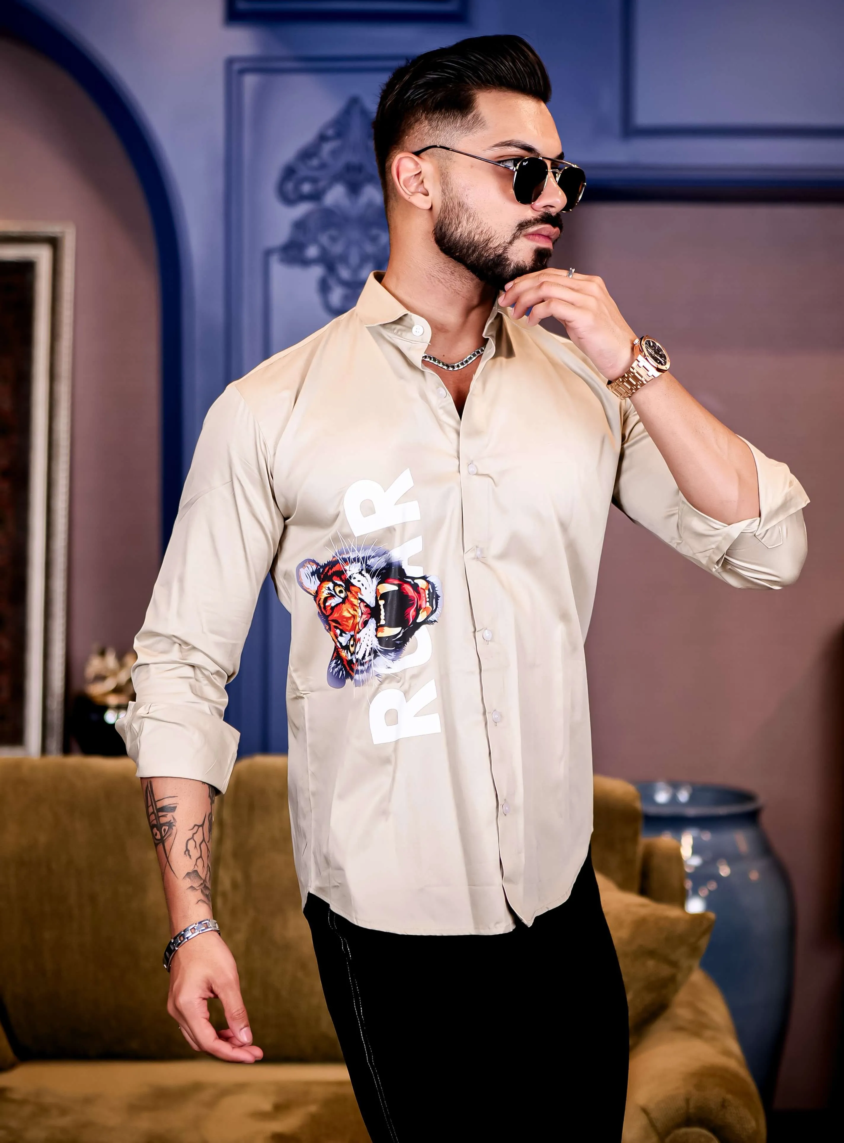 Cream Club Wear Roar Tiger Printed Satin Cotton Shirt