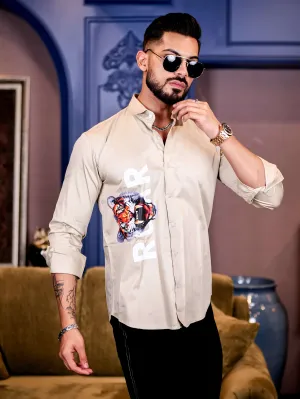 Cream Club Wear Roar Tiger Printed Satin Cotton Shirt