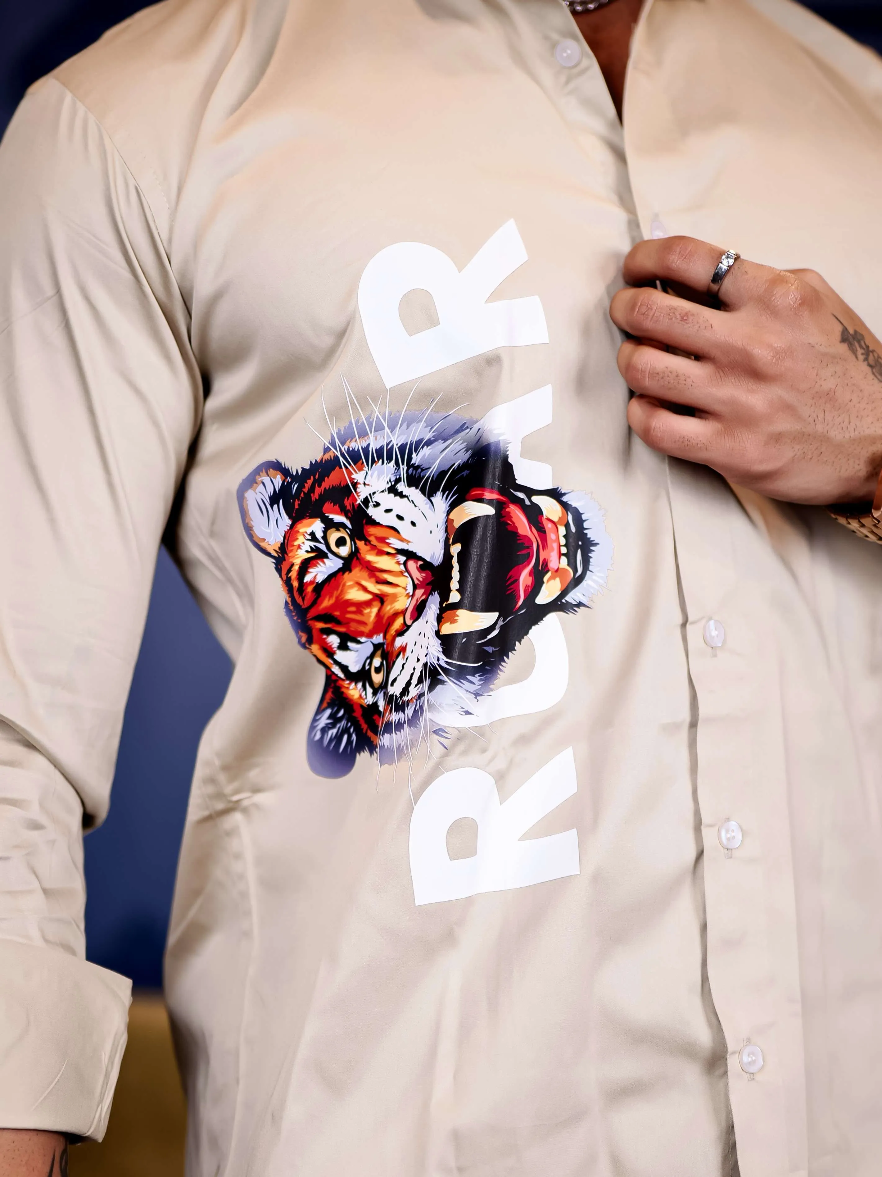 Cream Club Wear Roar Tiger Printed Satin Cotton Shirt