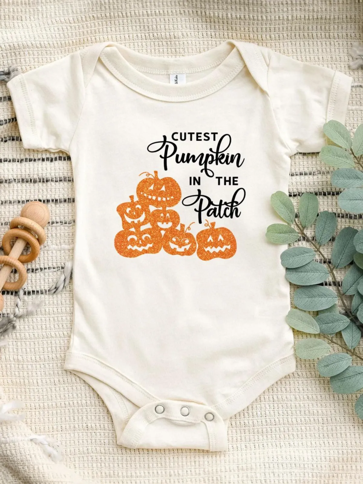 Cutest Pumpkin in the Patch Glitter Short Sleeve Bodysuit, Cream