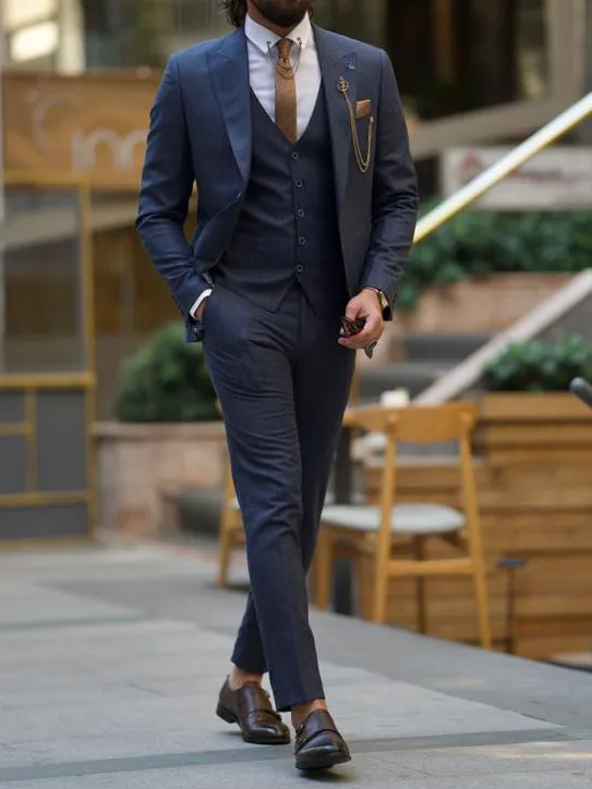 Dark Blue Slim Fit Peak Lapel Pinstripe Suit for Men by GentWith.com