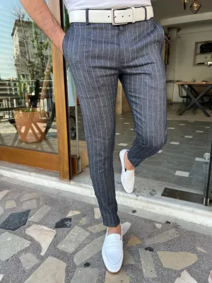 Dark Blue Slim Fit Pinstripe Linen Pants for Men by GentWith.com