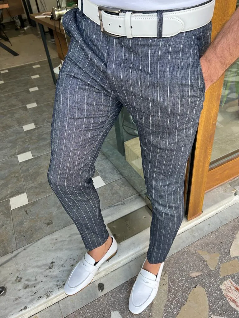 Dark Blue Slim Fit Pinstripe Linen Pants for Men by GentWith.com