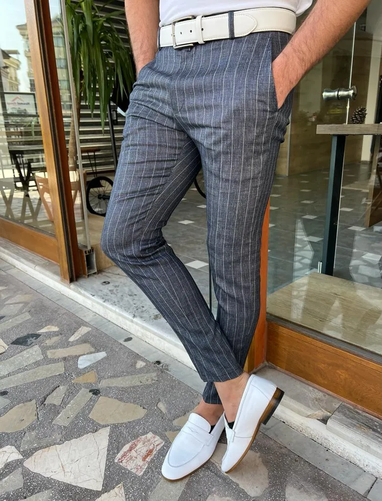 Dark Blue Slim Fit Pinstripe Linen Pants for Men by GentWith.com