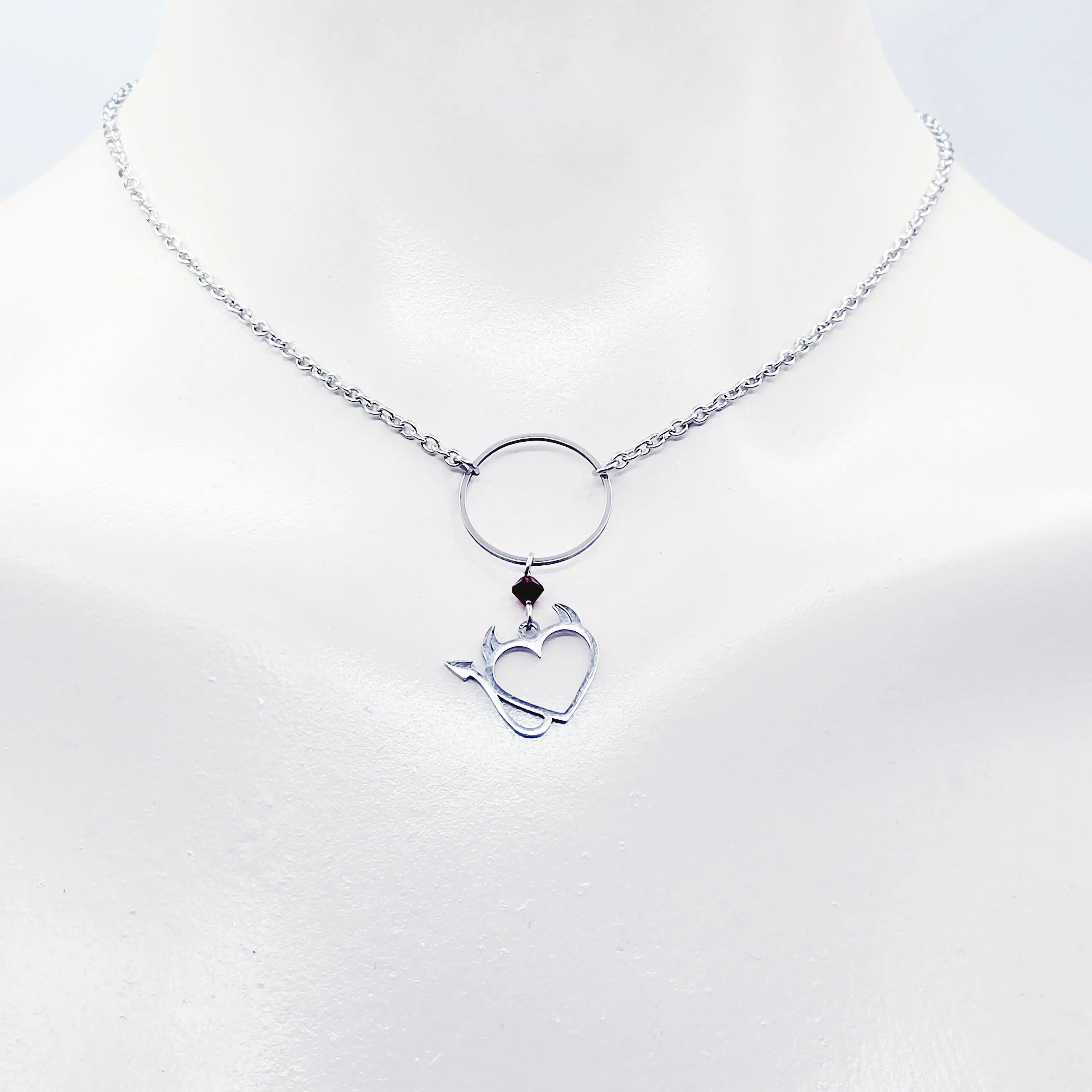 Devil Heart Day Collar, Stainless Steel, with Circle of O Pendant and Red Crystal. Dainty Daywear Collar for BDSM Submissive