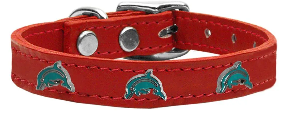 Dolphin Widget Genuine Leather Dog Collar Red 16