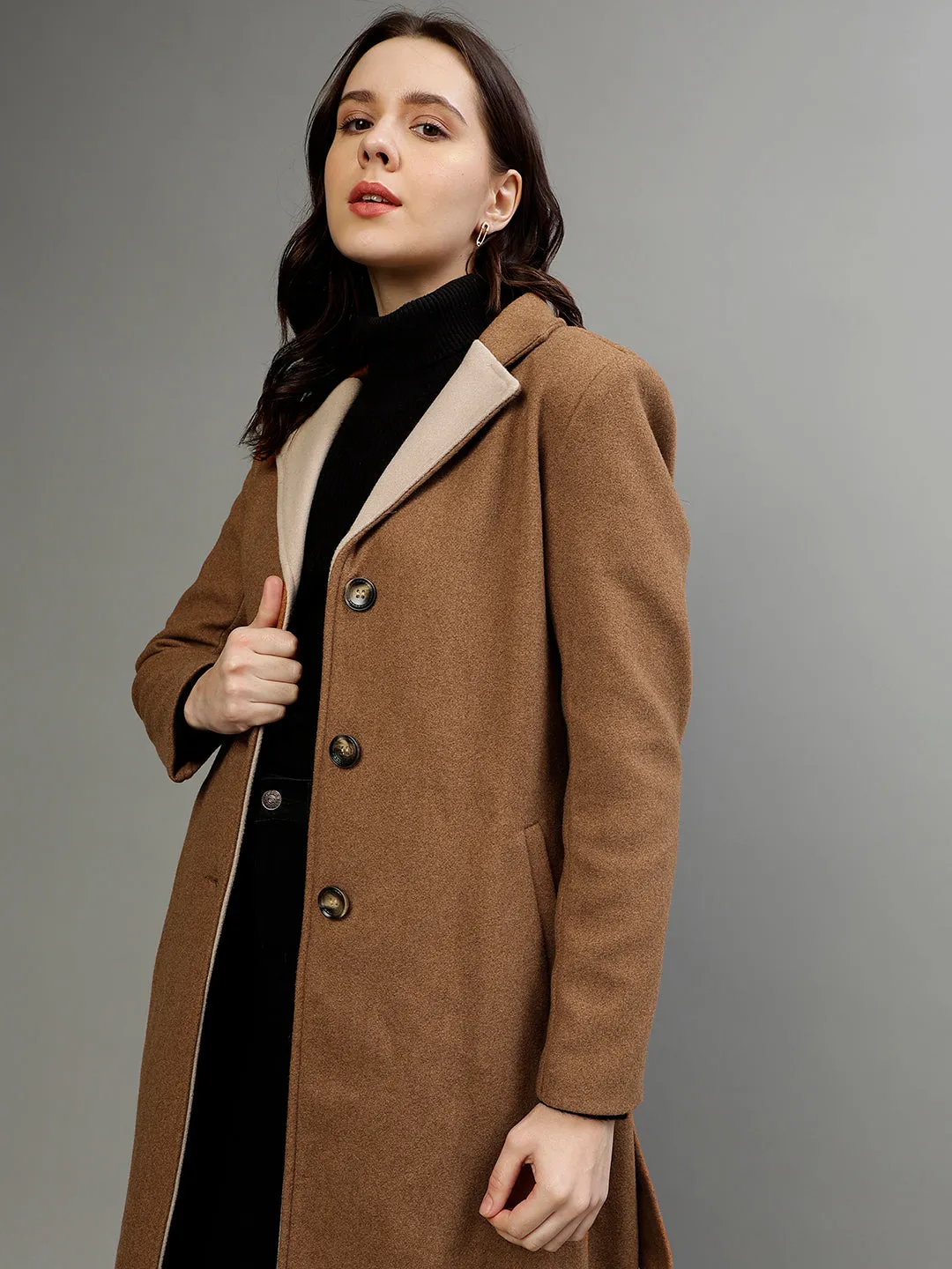 Elle Women Solid Notched Lapel Full Sleeves Overcoat