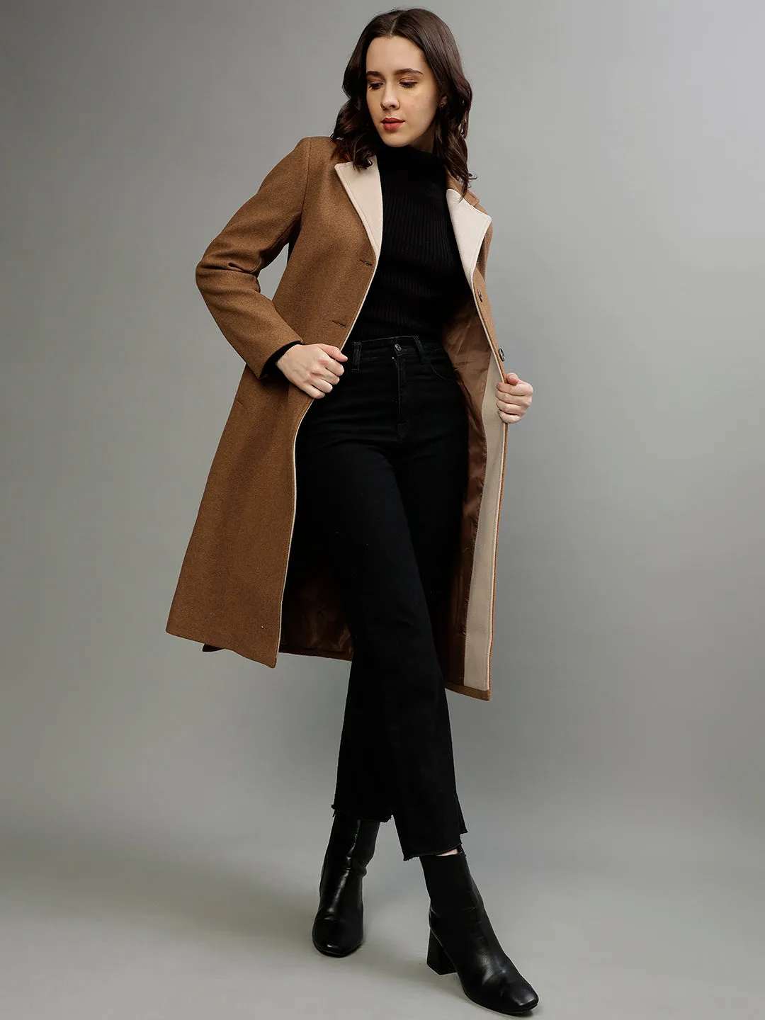 Elle Women Solid Notched Lapel Full Sleeves Overcoat