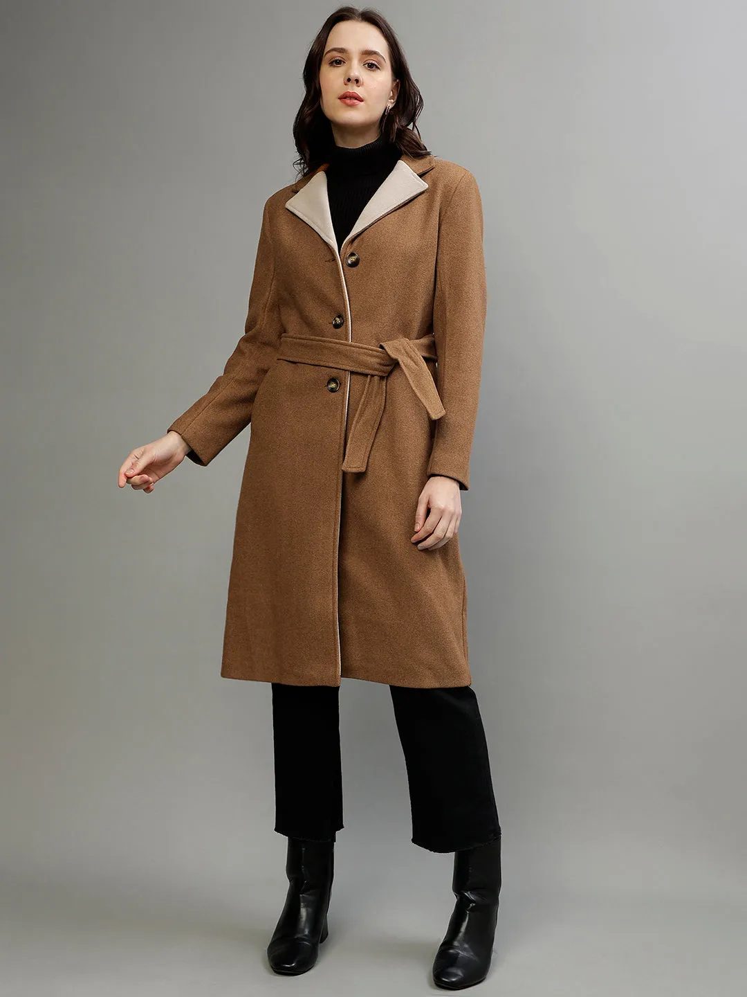 Elle Women Solid Notched Lapel Full Sleeves Overcoat