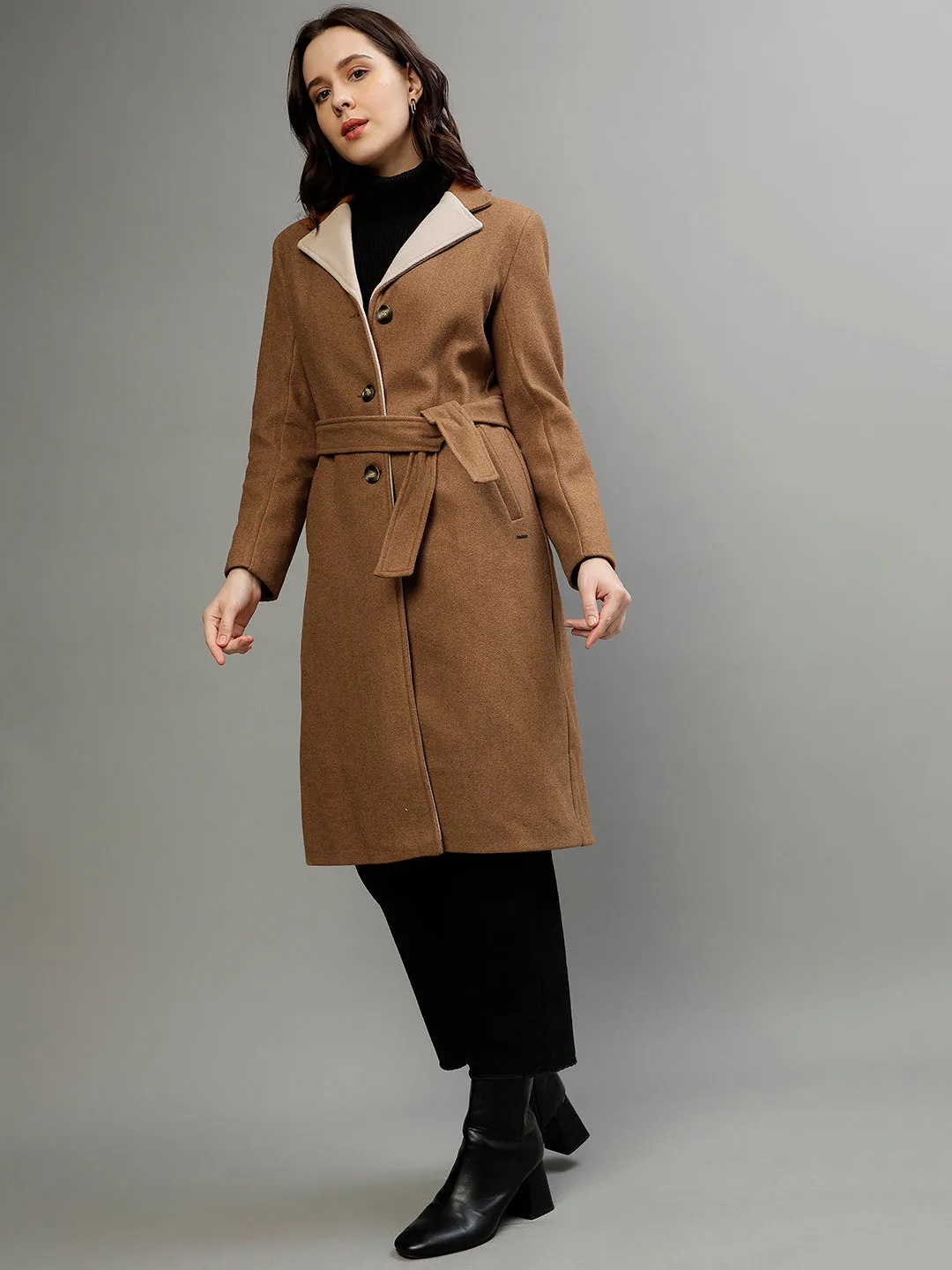 Elle Women Solid Notched Lapel Full Sleeves Overcoat