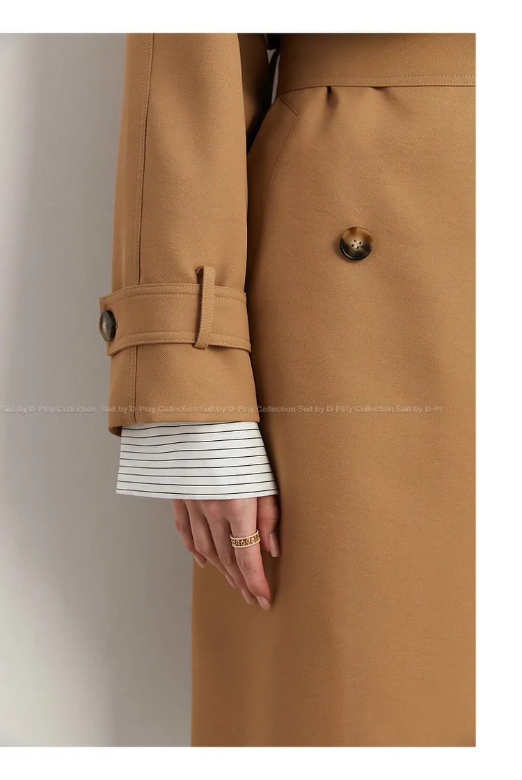 Fall Autumn Classic Khaki Paneled Double Breasted Trench Coat - Kochi