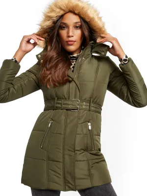 Faux Fur-Trim Hooded Belted Puffer Coat