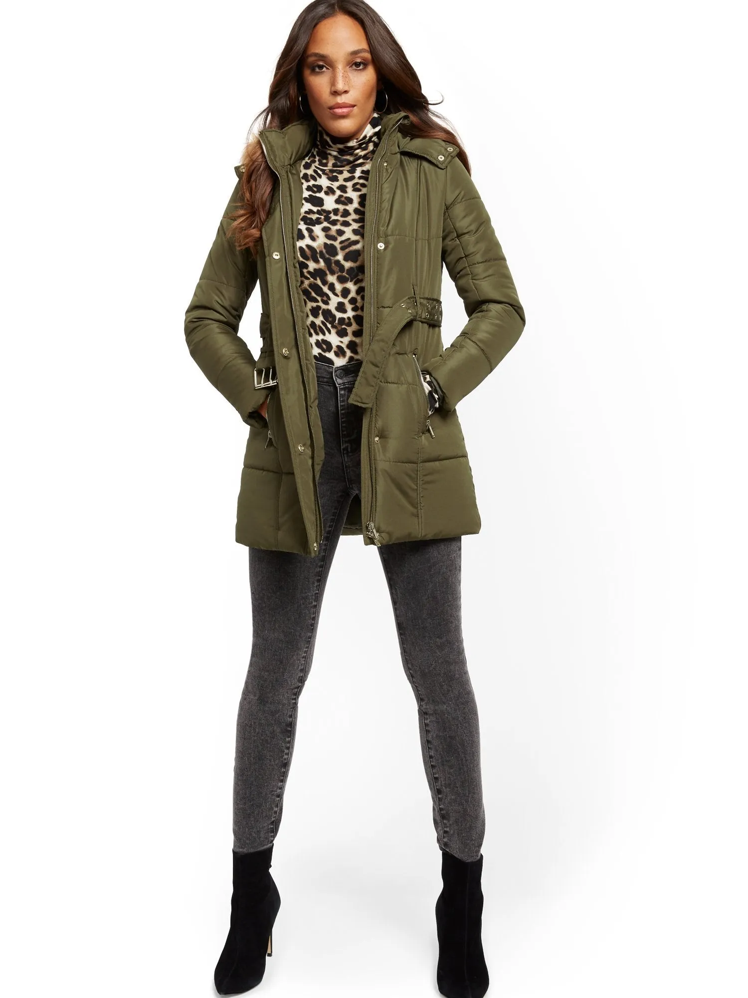 Faux Fur-Trim Hooded Belted Puffer Coat