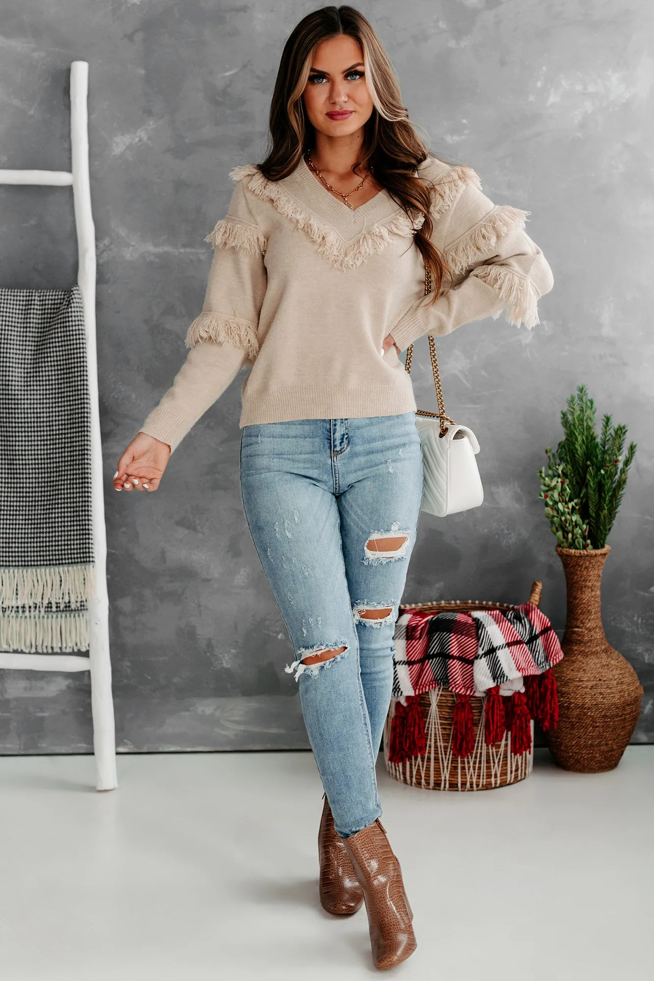 Feeling Fringy V-Neck Fringe Detail Sweater (Beige)