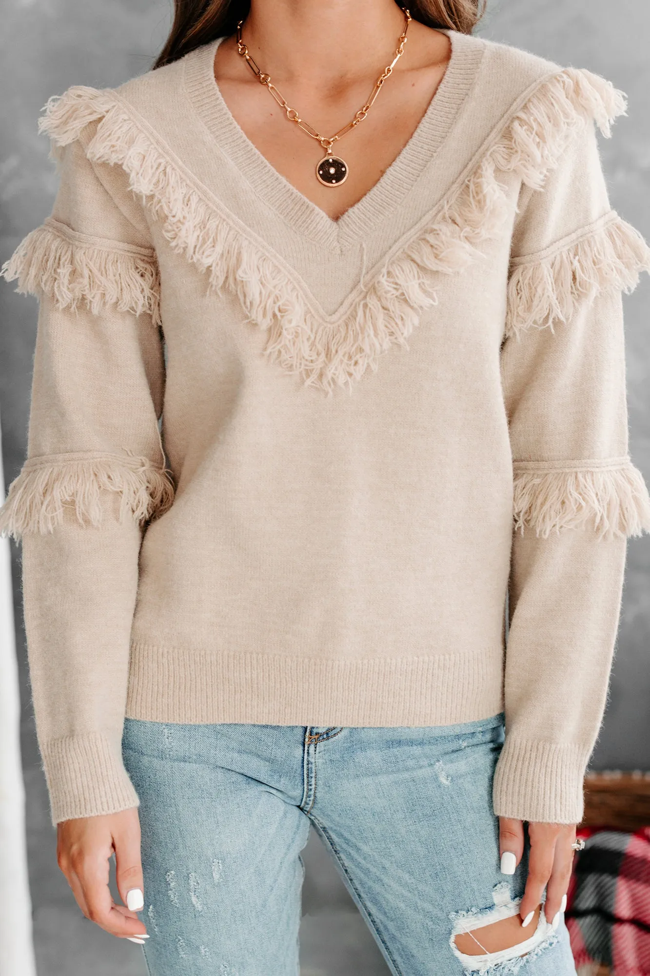 Feeling Fringy V-Neck Fringe Detail Sweater (Beige)