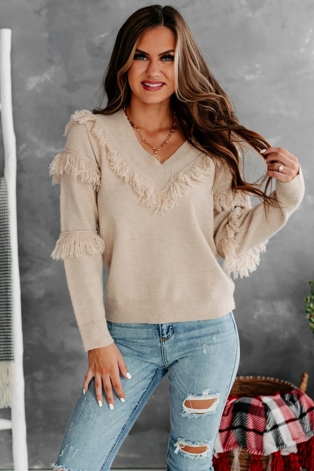 Feeling Fringy V-Neck Fringe Detail Sweater (Beige)