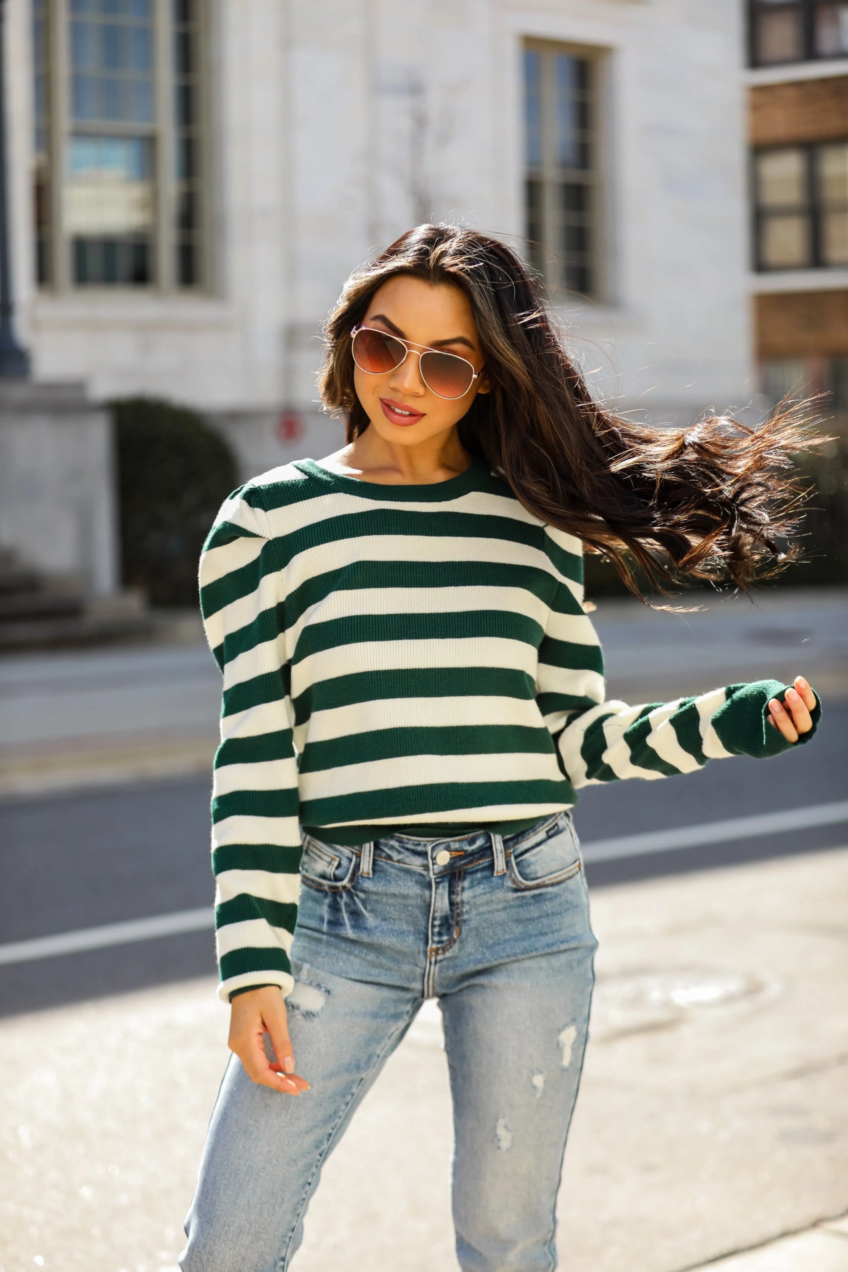 FINAL SALE - Toasty Style Hunter Green Striped Sweater