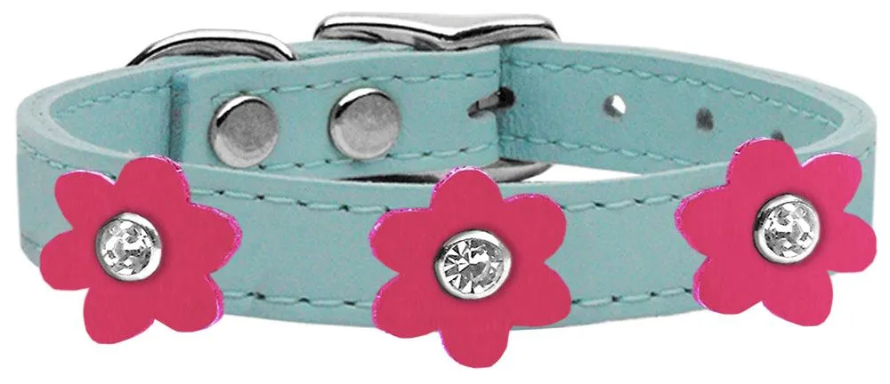 Flower Leather Collar Baby Blue With Pink Flowers Size 10