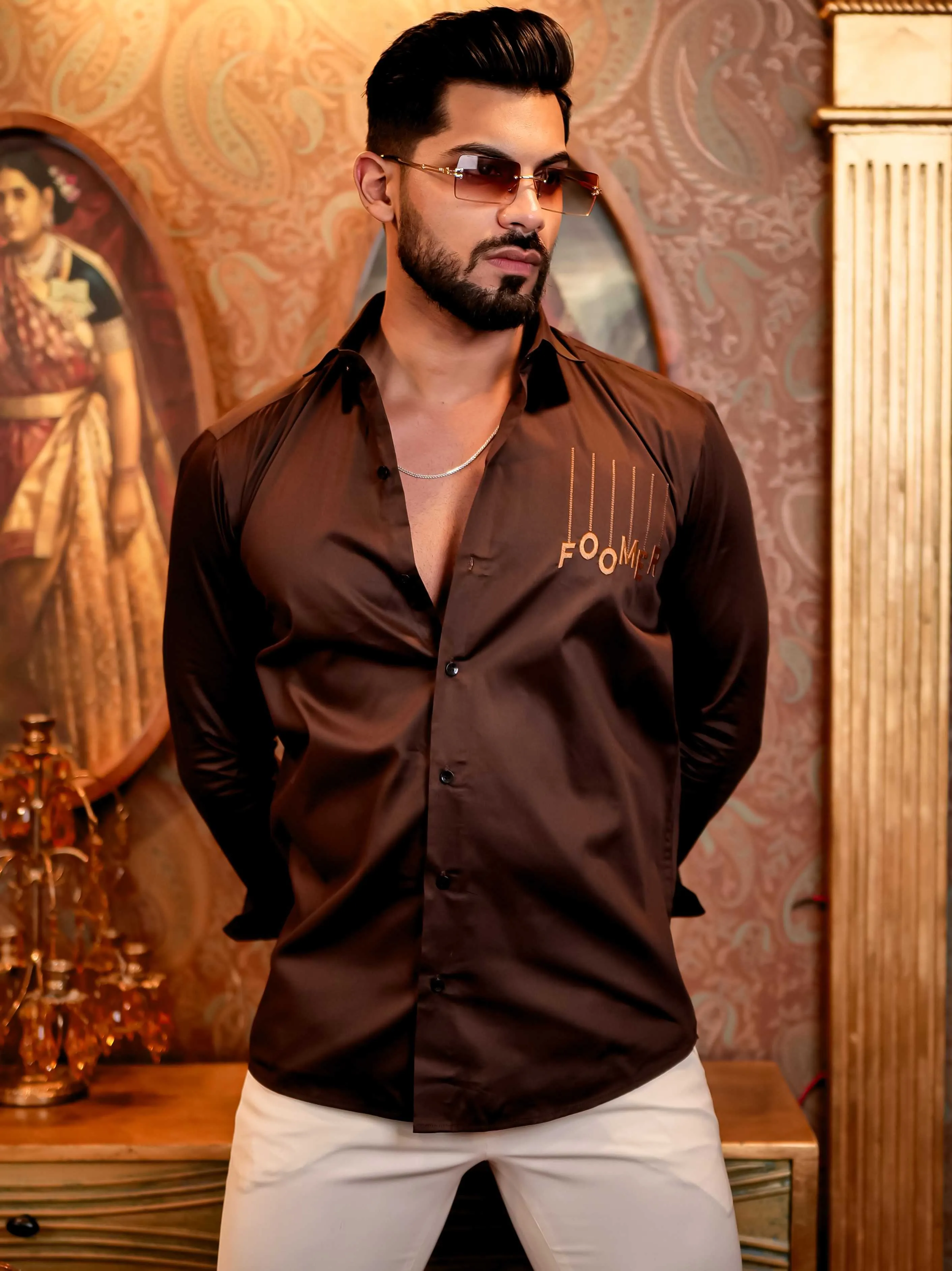 Foomer Brown Golden Embroidered Premium Cotton Shirt For Men