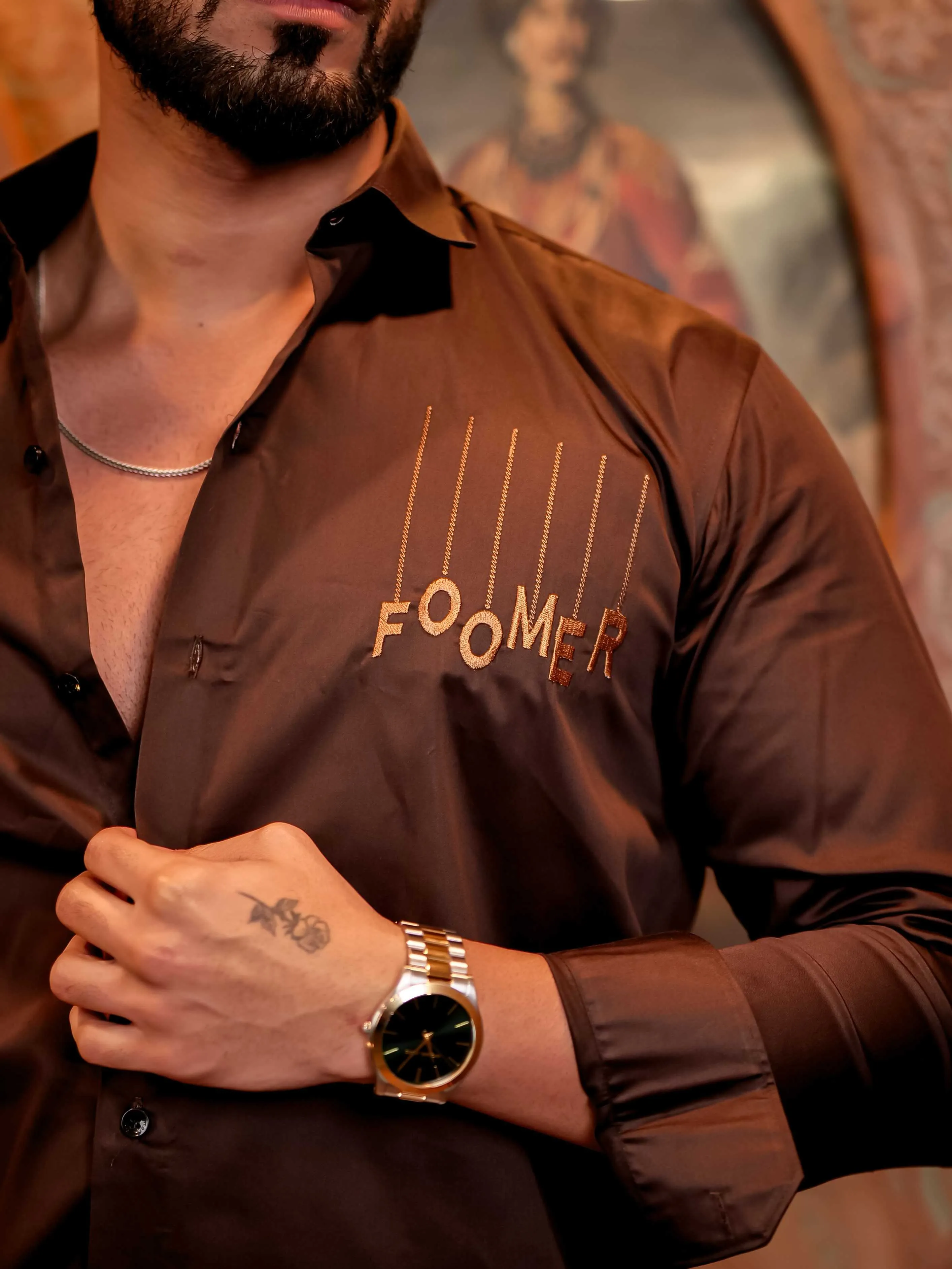 Foomer Brown Golden Embroidered Premium Cotton Shirt For Men