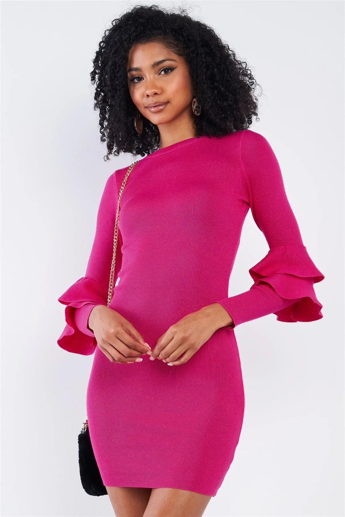 Fuchsia Body-Con Tight Fit Round Neck Double Frill Sleeve Mini Dress