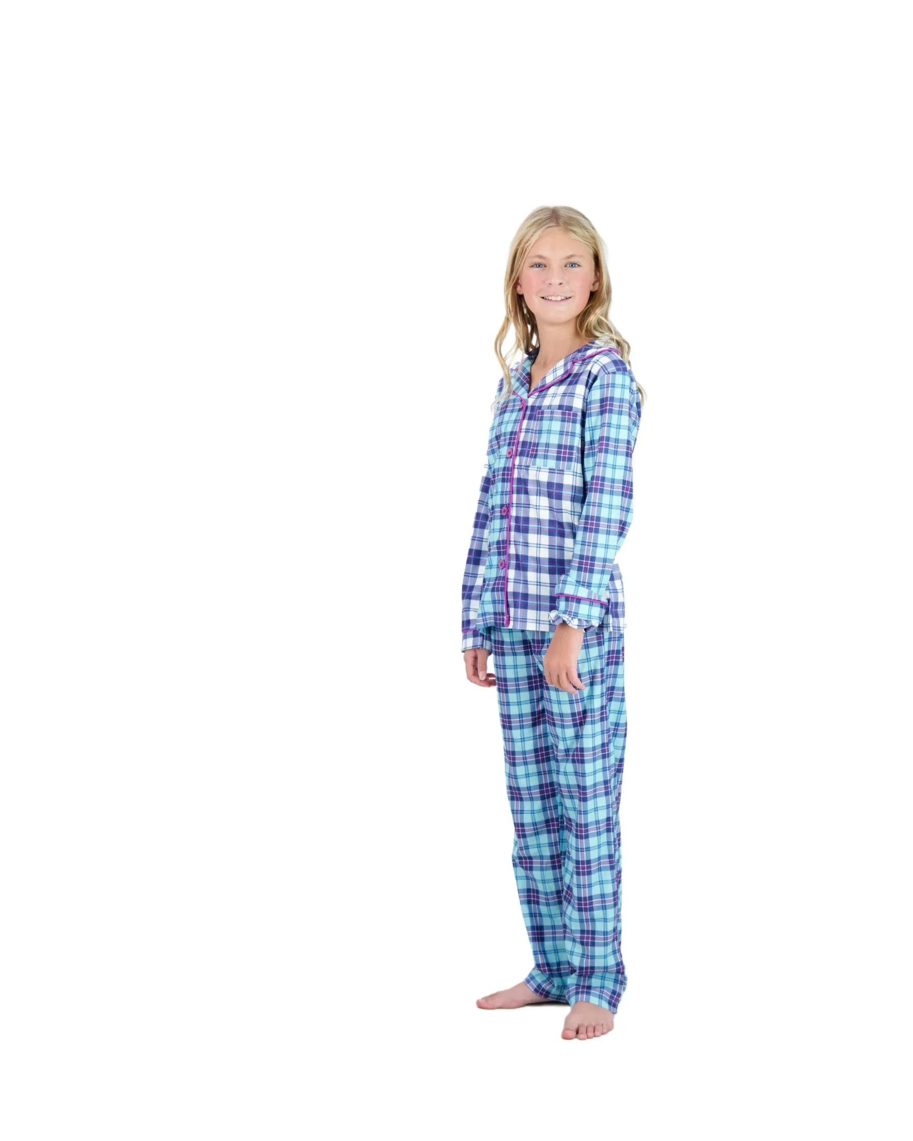 Girls 2-Piece Brushed Jersey Button-Front Coat Pajama Set- Plaid, with Matching Scrunchie, Multicolored Girls Pajama Set