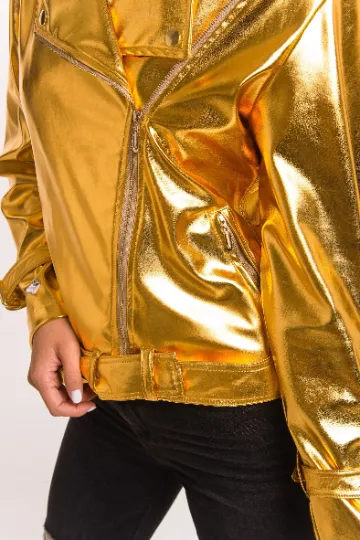 Gold Vegan leather Biker Jacket. Shiny girls fall jacket.