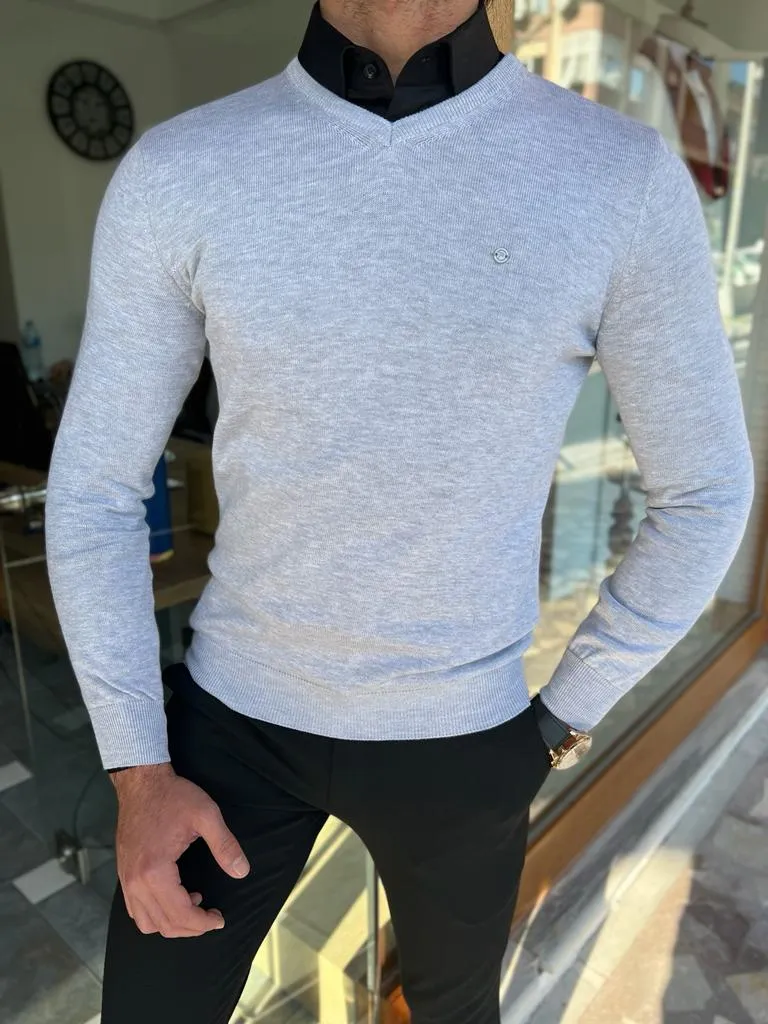 Gray Slim Fit V-neck Sweater for Men by GentWith.com