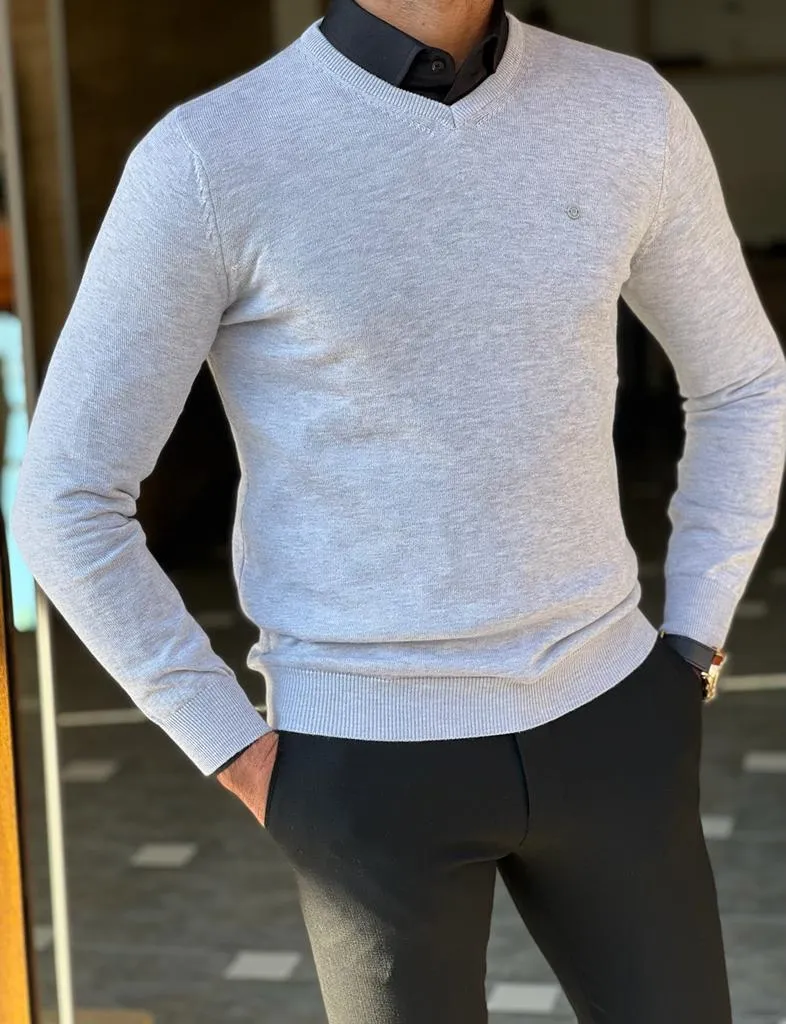 Gray Slim Fit V-neck Sweater for Men by GentWith.com